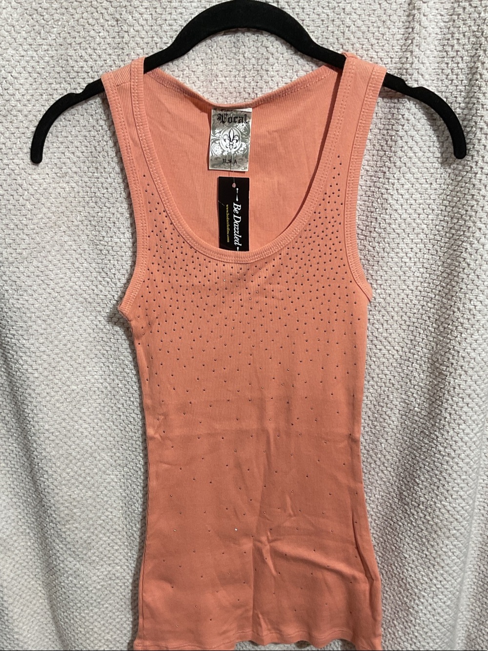 Vocal Peach Tank Top with Silver Crystal Accents